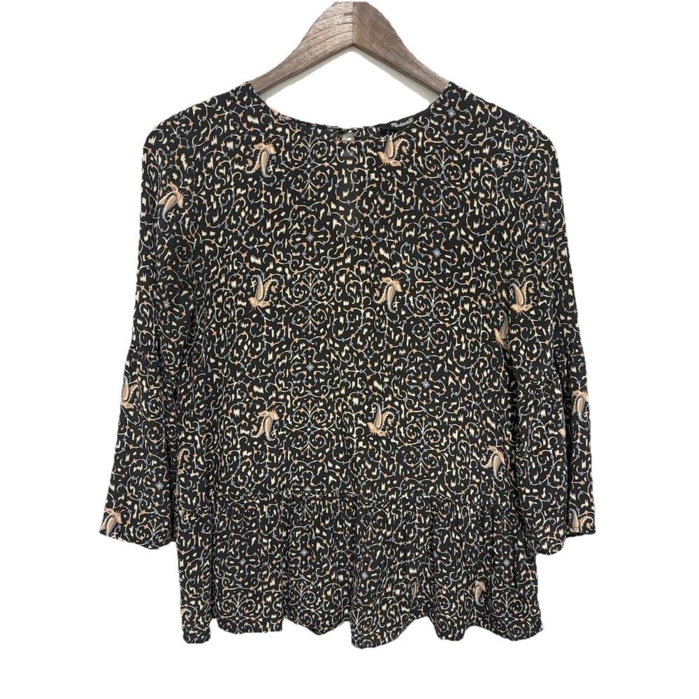 Madewell 100% Silk Peplum Blouse XS Paisley Bell Sleeve Top Boho